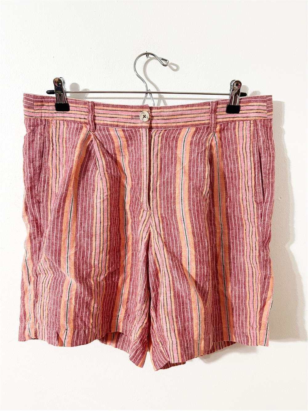 J. Jill 100% Linen Striped Pleated Shorts Pink Coral Orange Yellow